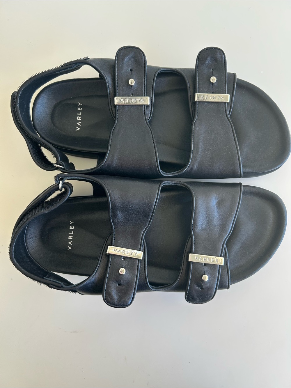 Varley Black Leather Double-Strap Zipper Sandals